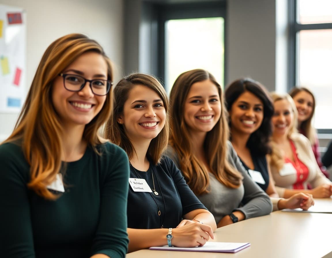 Group of new teachers smiling at a welcome orientation with name tags