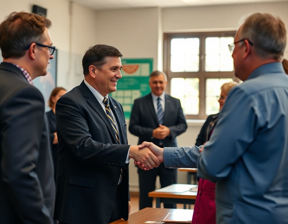 New superintendent shaking hands with board of education members at a formal announcement