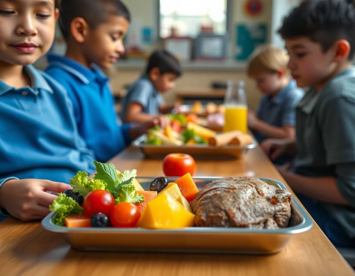 Colorful school lunch tray with vegetables, fruit, and main course