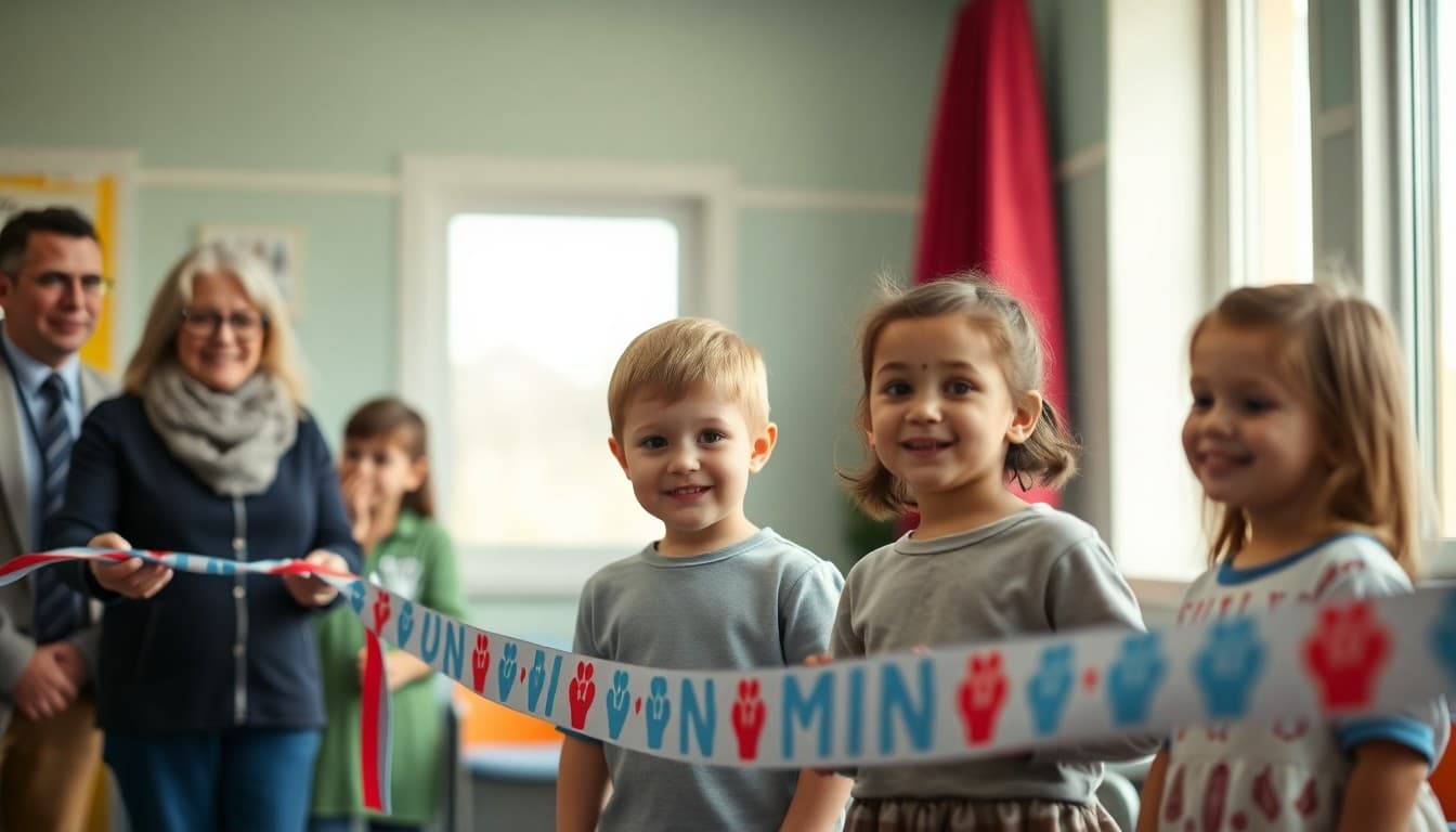 Children at a pre-K classroom ribbon cutting with parents and district officials