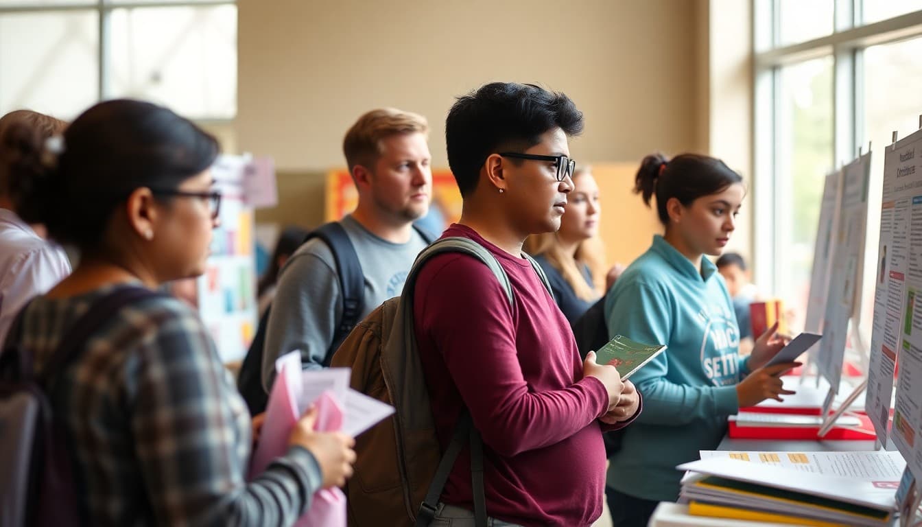 Families reviewing school choice options at a district school fair with informational booths