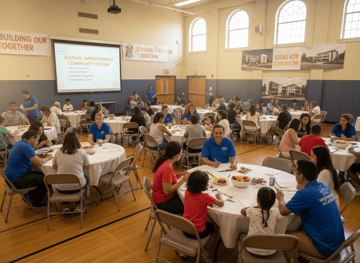 Families attending a school improvement community input session in a school gymnasium