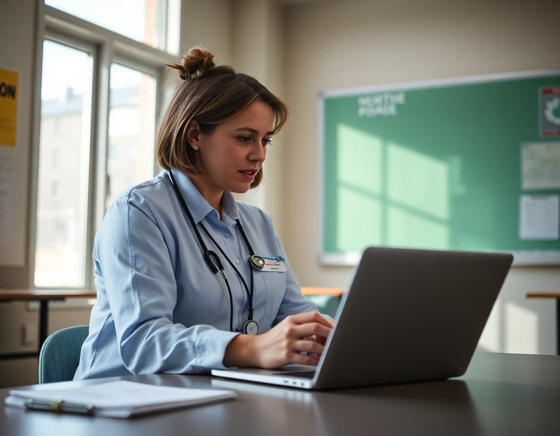 District health services coordinator reviewing nurse coverage schedules on a laptop