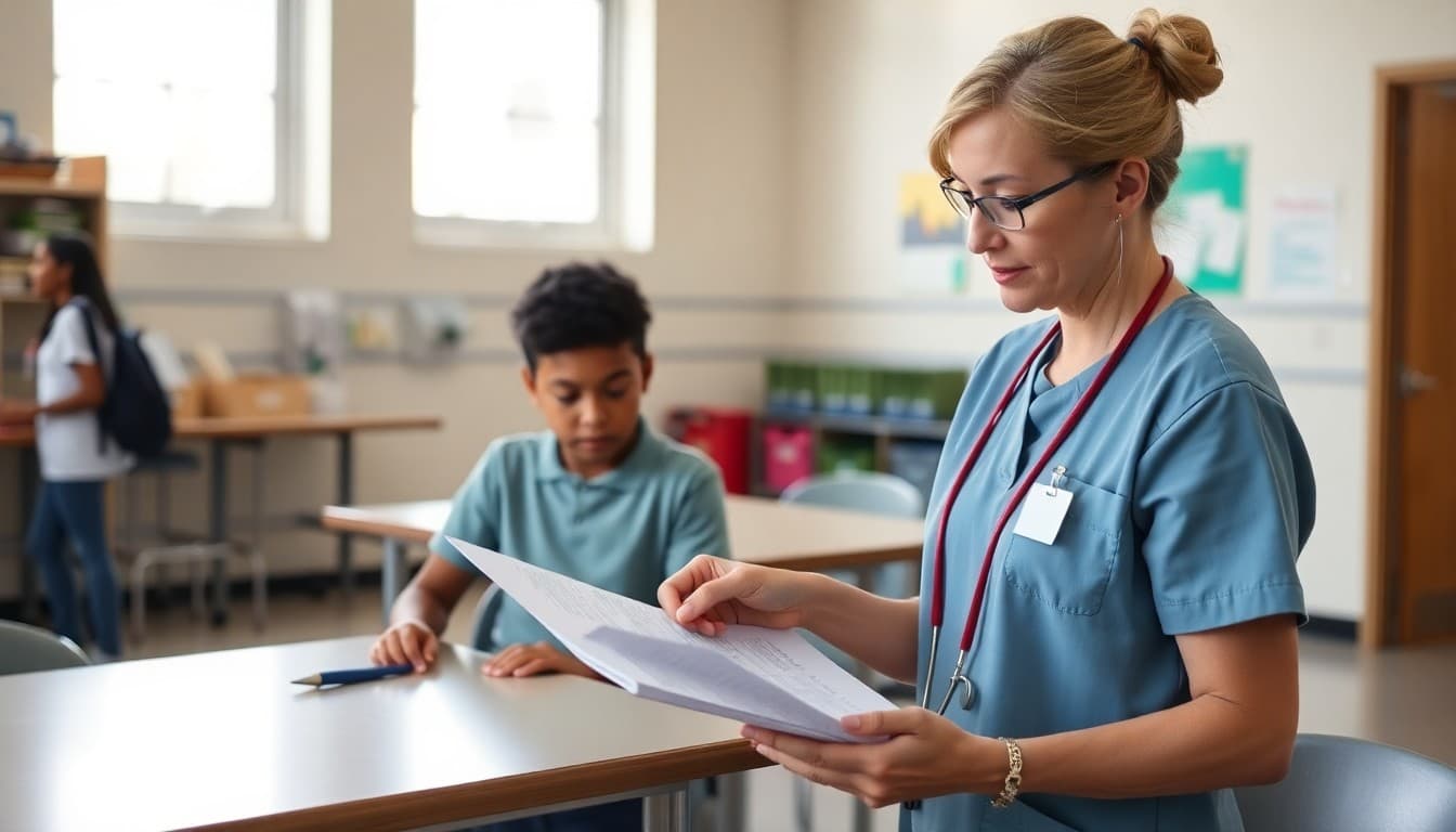 A school health aide reviewing a student wellness form in a clinic area near a nurse station