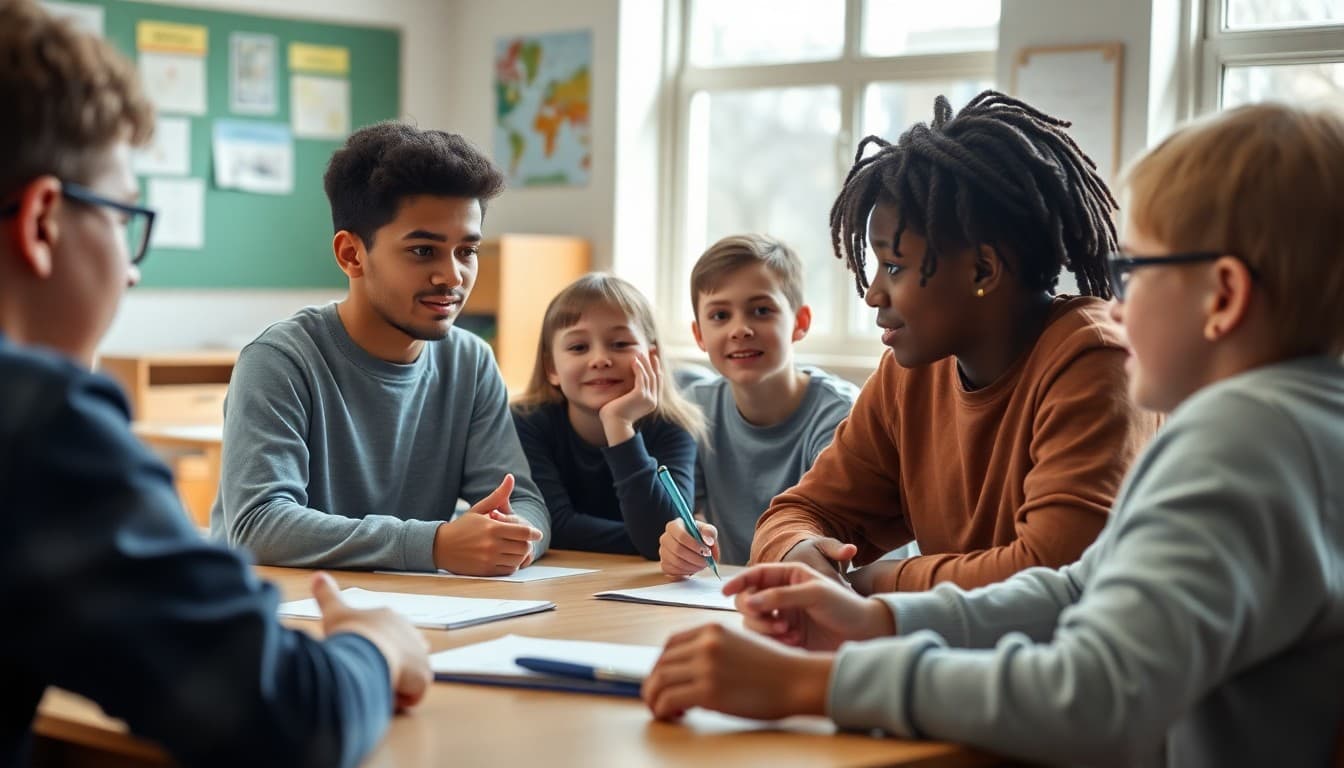 Students collaborating at a table in a class discussion about community values