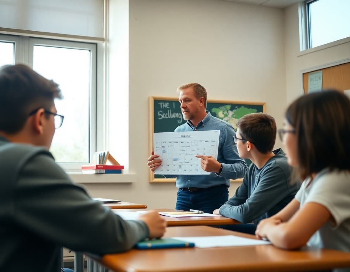 Teacher reviewing spring semester events calendar with students in a classroom