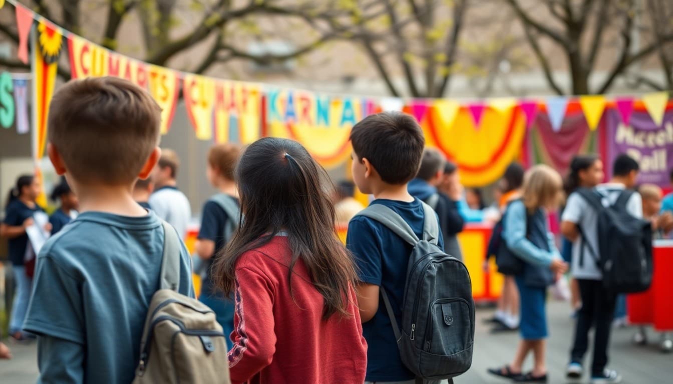 Students outside at a spring school carnival with colorful banners and activities