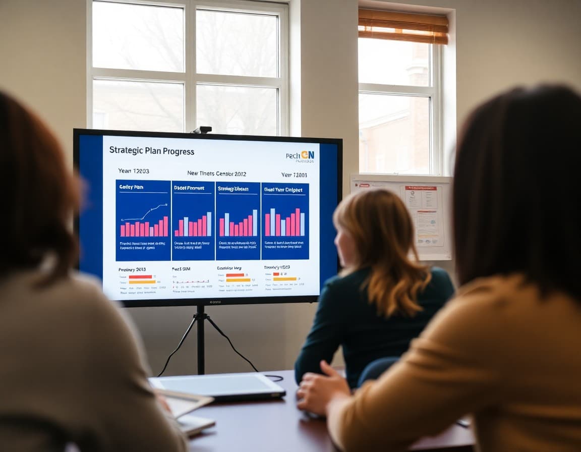 Strategic plan progress dashboard with year two metrics on a presentation screen