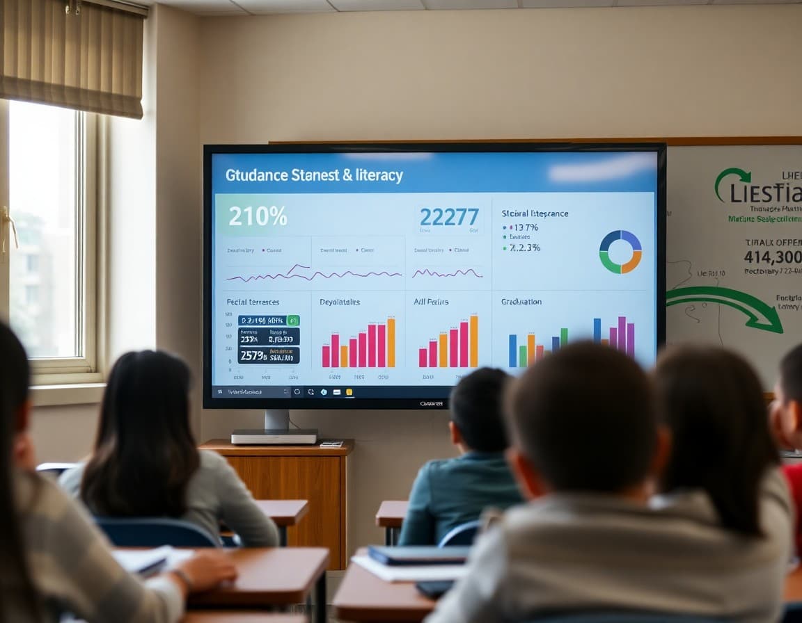 Data dashboard showing student attendance, literacy, and graduation metrics on a monitor