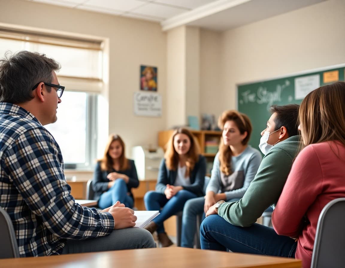 Teacher facilitating a lively discussion with a circle of engaged high school students
