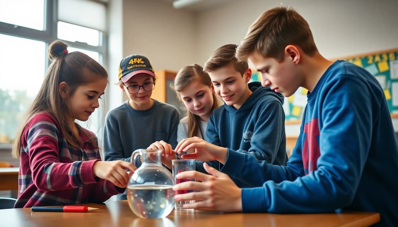 Engaged middle school students working together on a hands-on science project