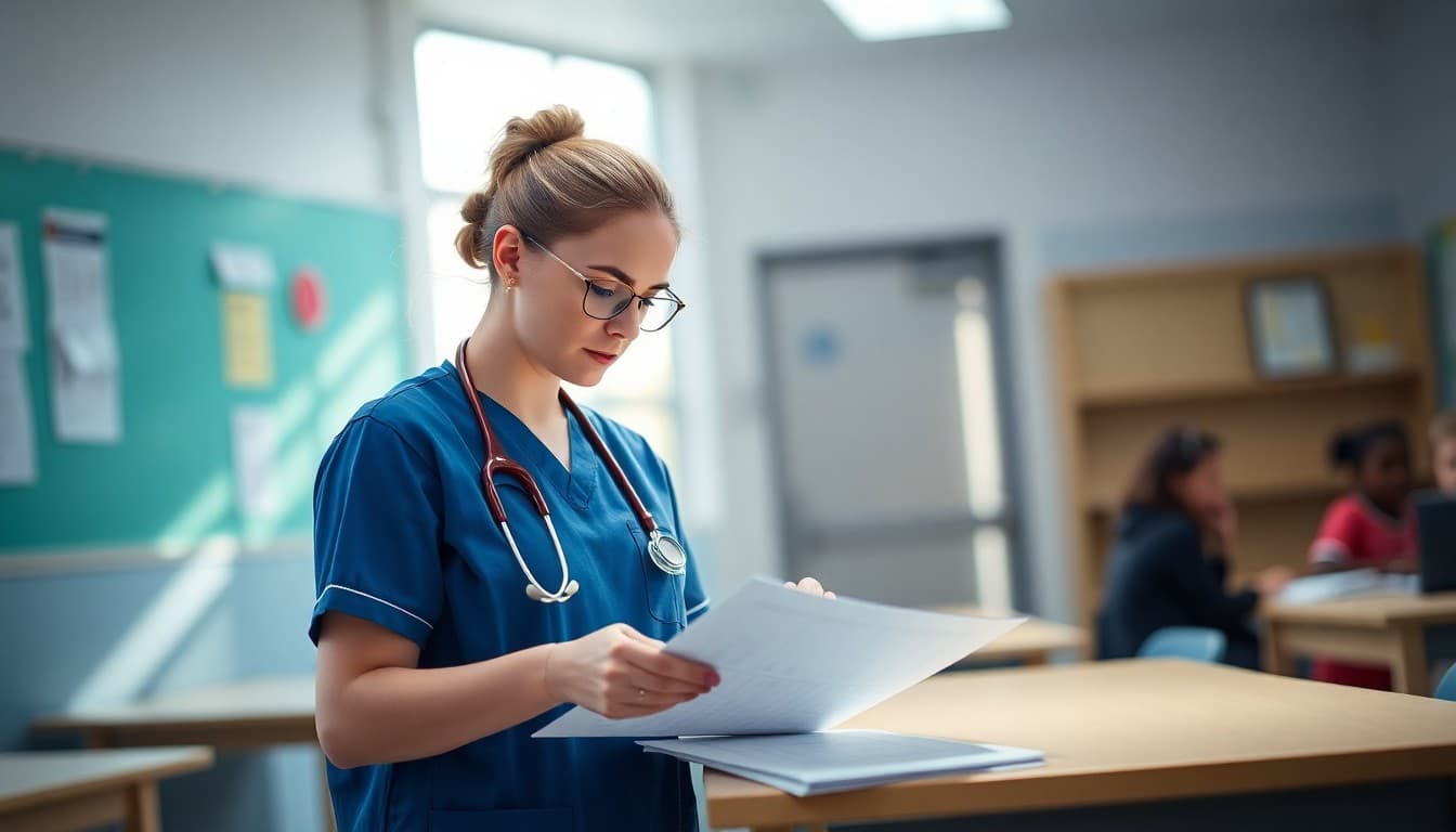 School nurse reviewing health data records in a bright school clinic