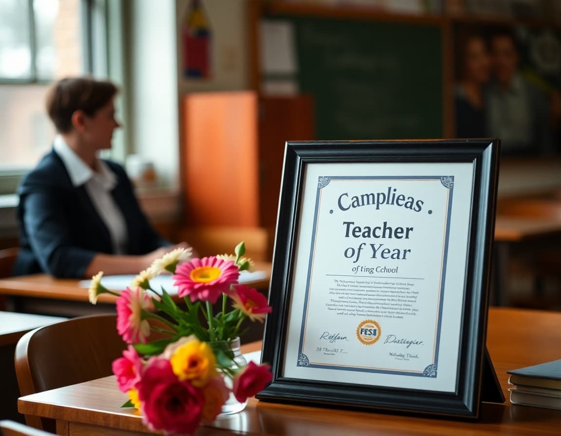 Framed teacher of the year certificate on a desk with flowers