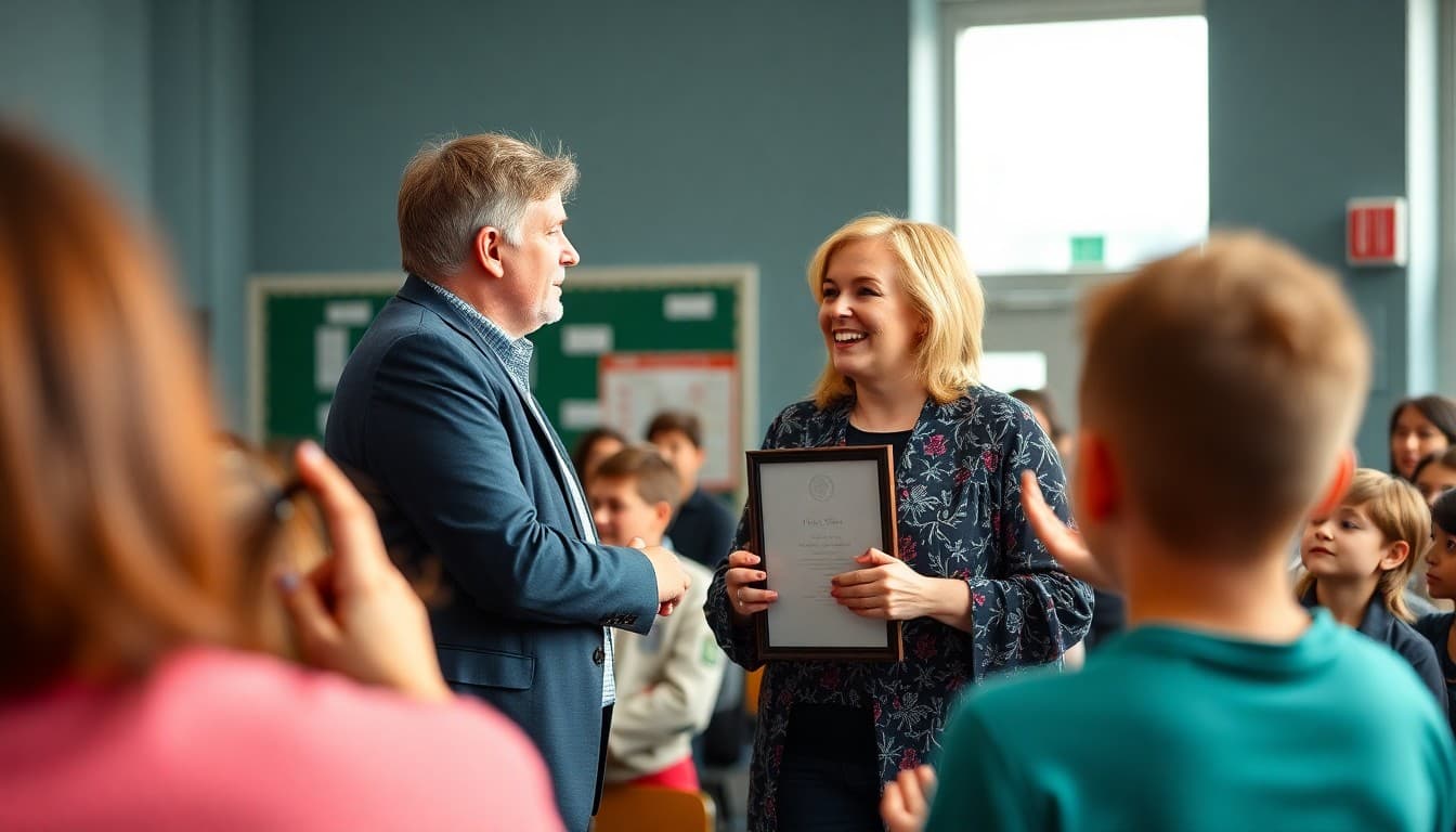 Teacher receiving award at a district recognition ceremony with applauding audience