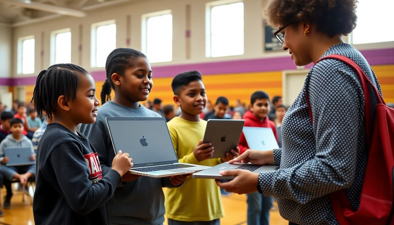 Students receiving new laptops from a teacher in a school gymnasium during a technology distribution day