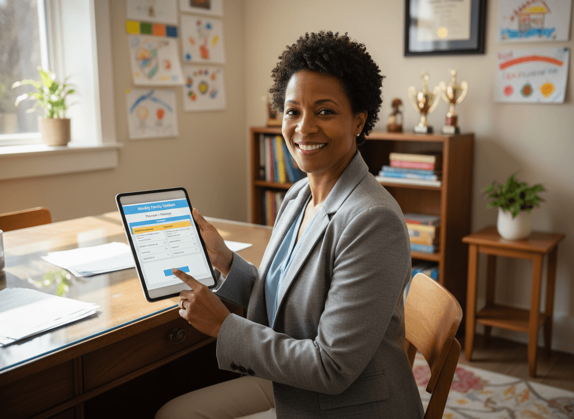 School principal using a newsletter template on a tablet to send a weekly family update