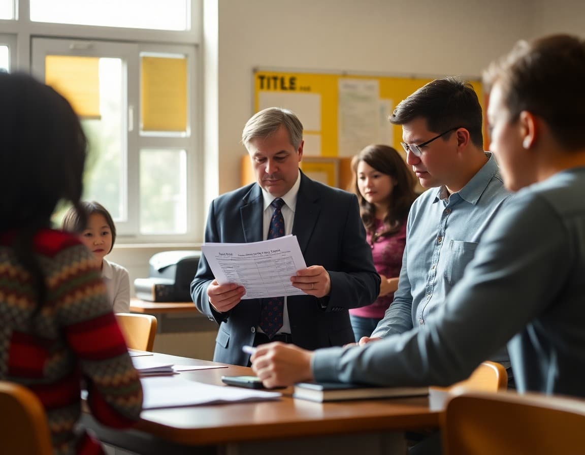 District administrator reviewing Title I budget allocation documents with school staff