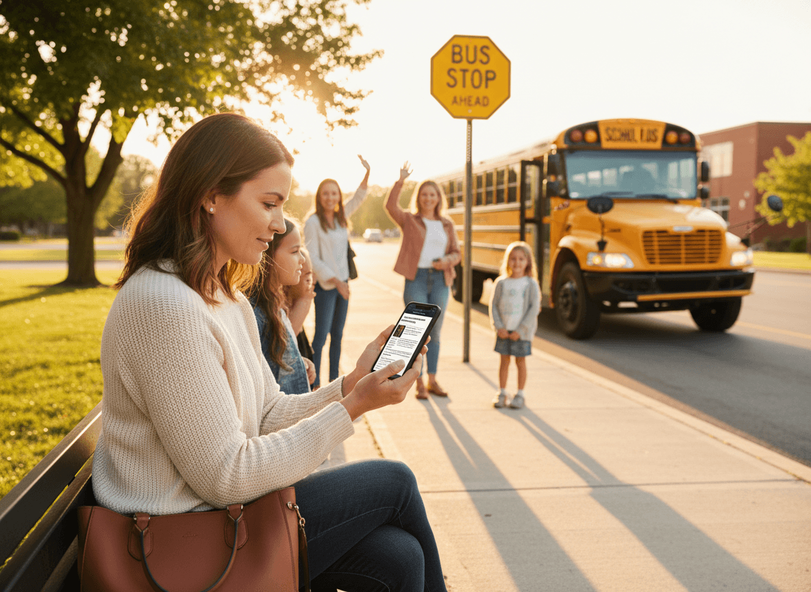 Parent reviewing a district transportation update newsletter on a phone at a bus stop