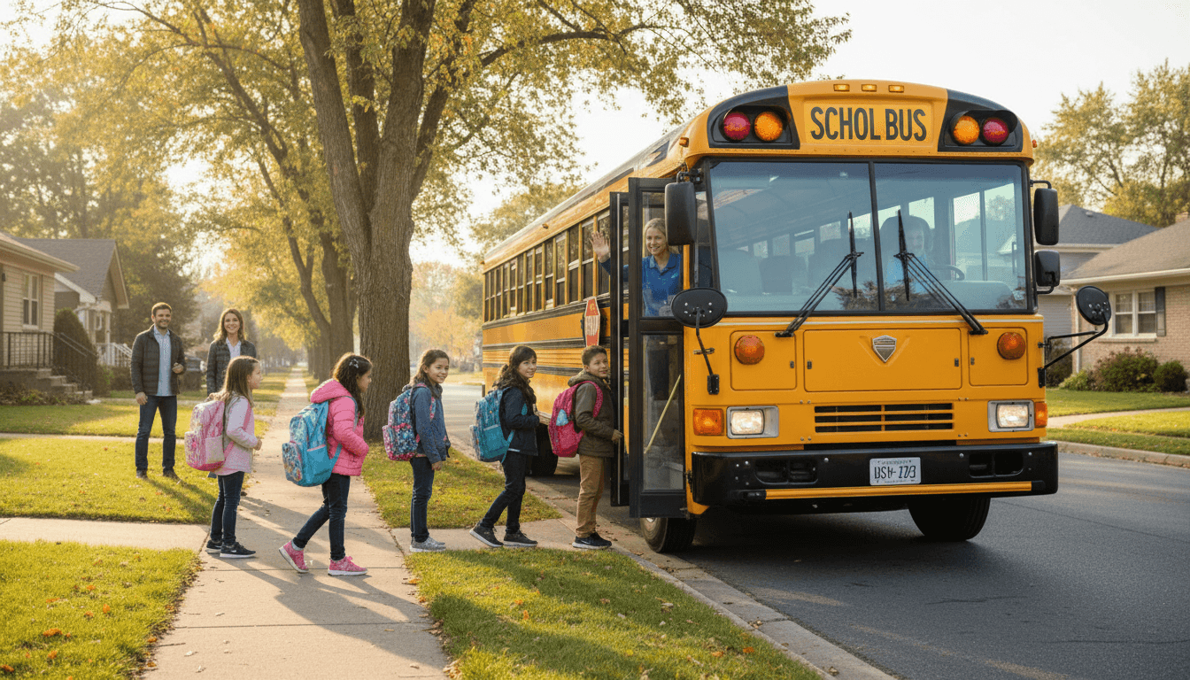 School bus picking up students at a neighborhood bus stop on a morning route