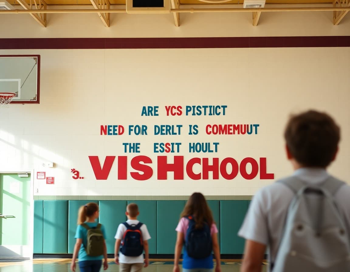 Colorful district vision statement displayed on a school gymnasium wall