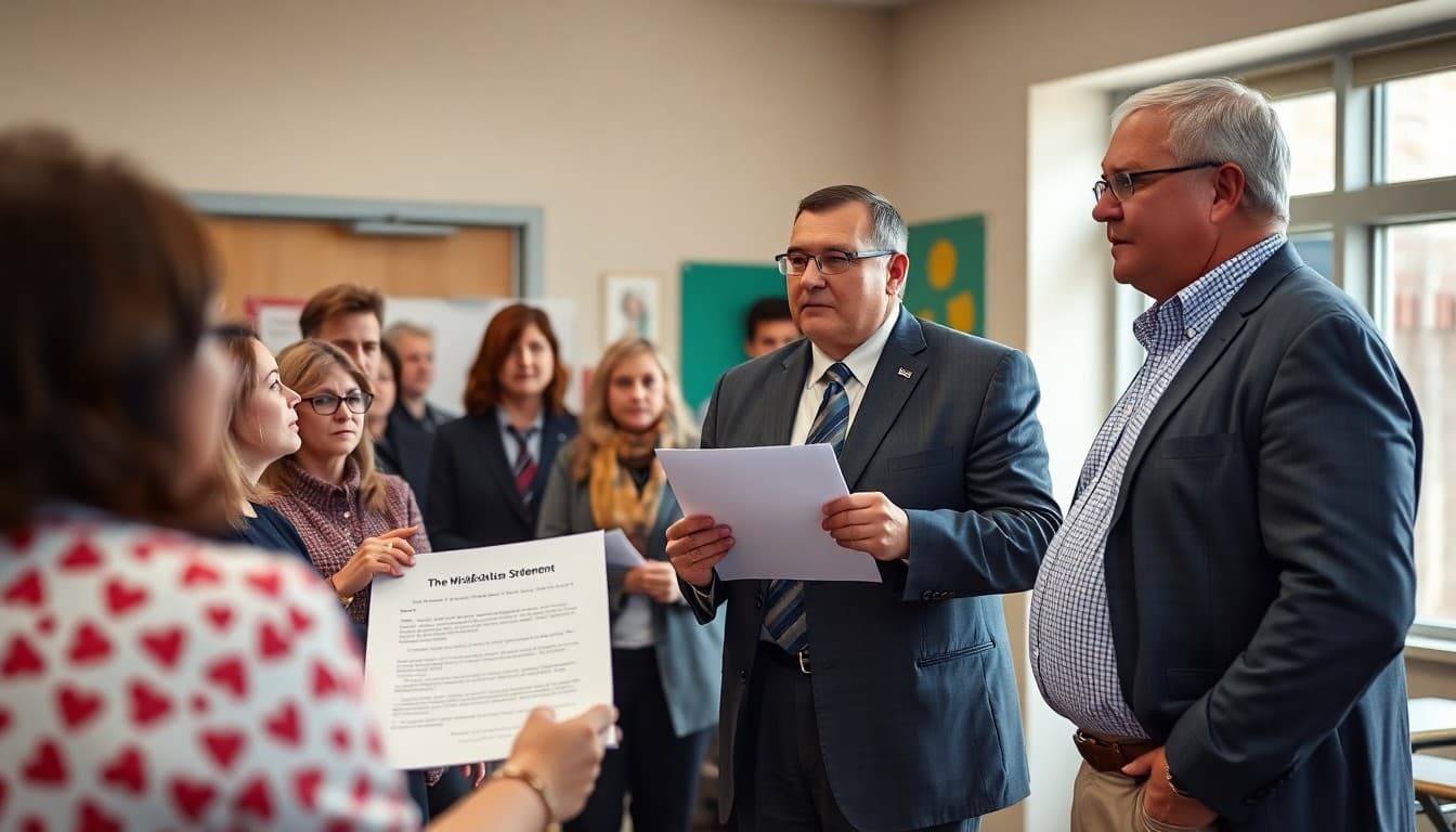 Superintendent and board members unveiling a new district vision statement at a community event
