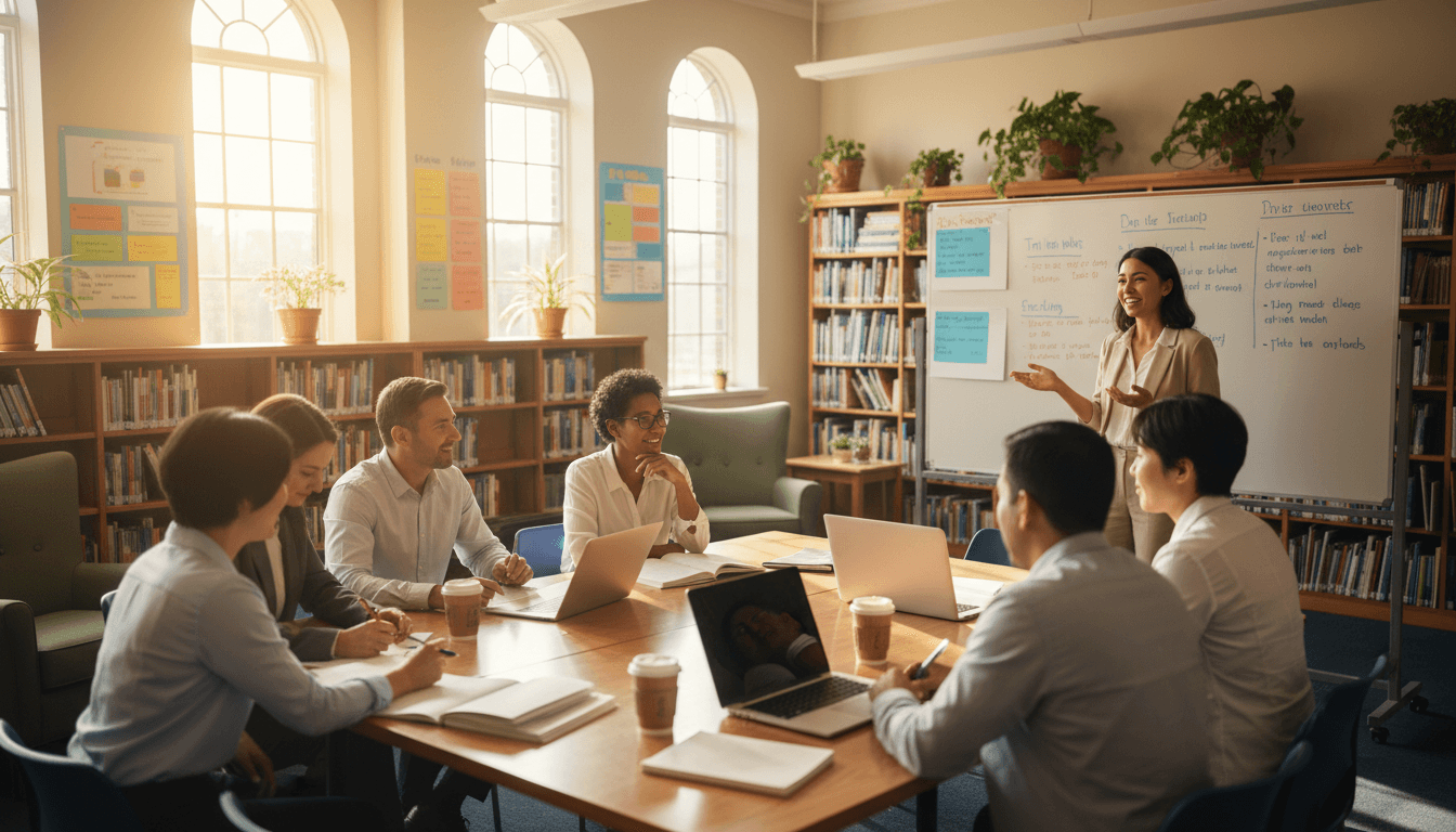 Teachers participating in a professional development workshop in a school library