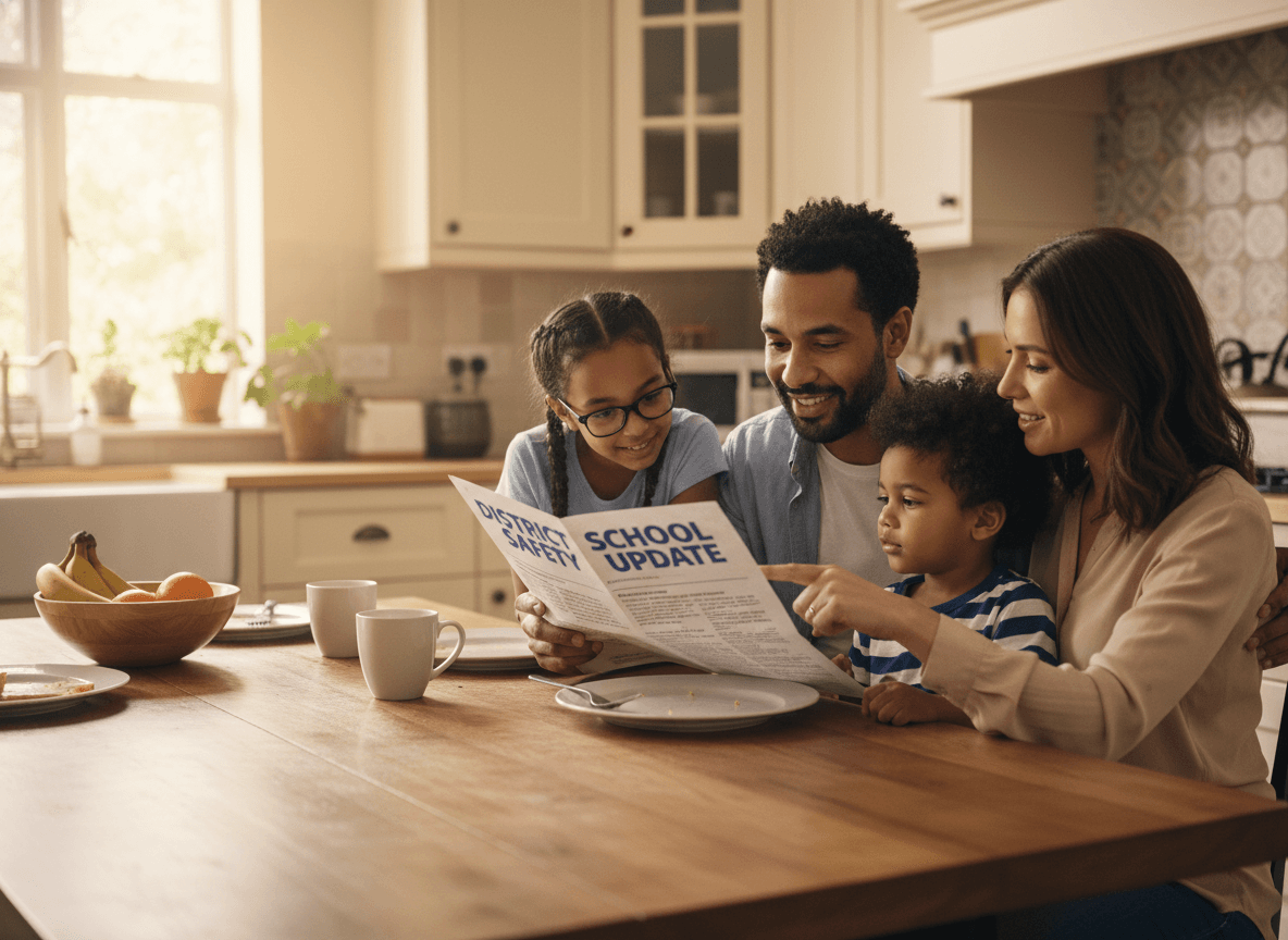 Family reading a district school safety update newsletter together at a kitchen table