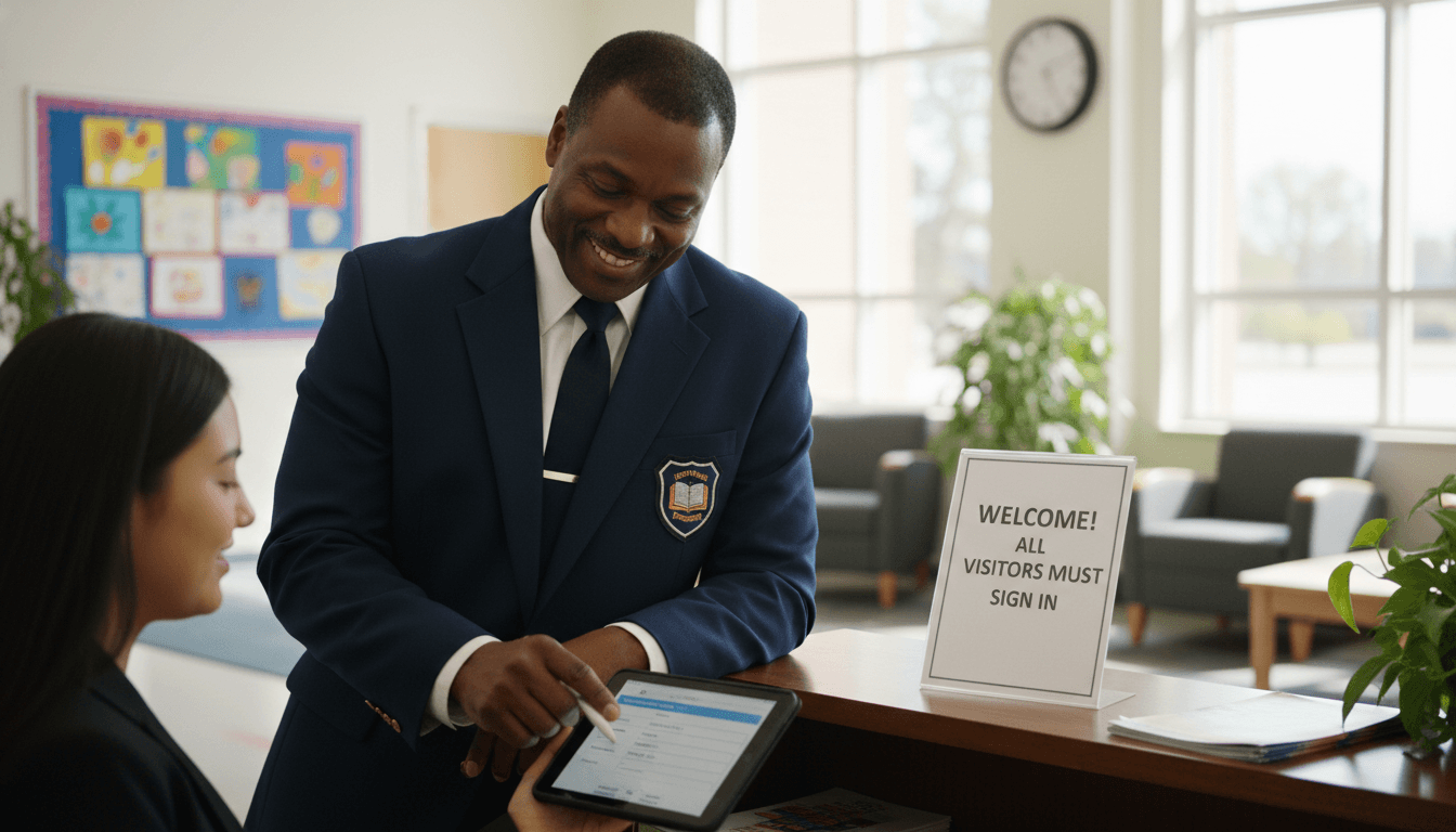 School security staff member reviewing visitor sign-in procedures at a school front office