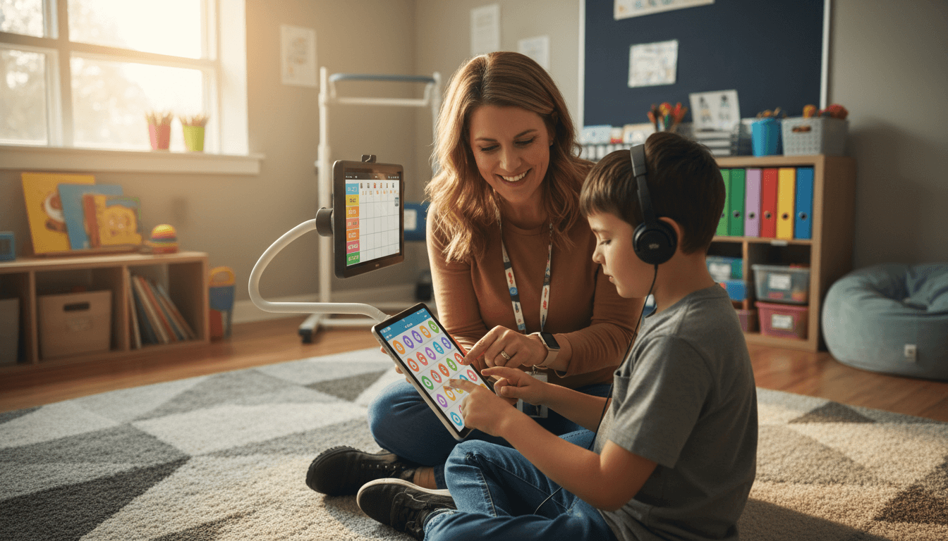 Special education teacher working one-on-one with a student using assistive technology in a resource room