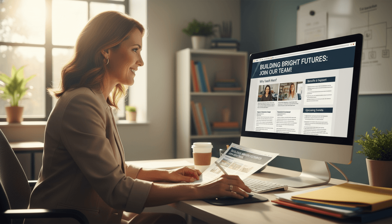 School district HR director reviewing teacher recruitment newsletter content at a computer