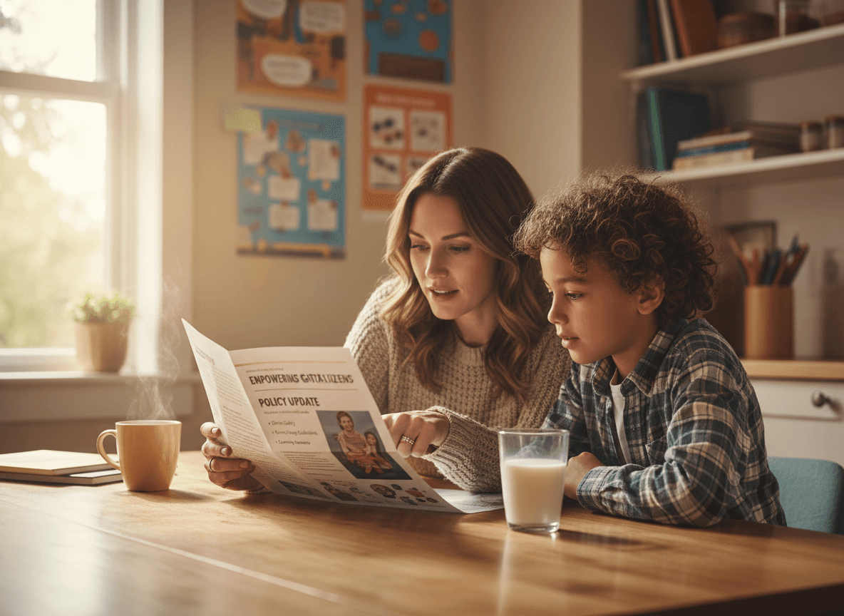 Parent reviewing a district technology policy newsletter with their child at home
