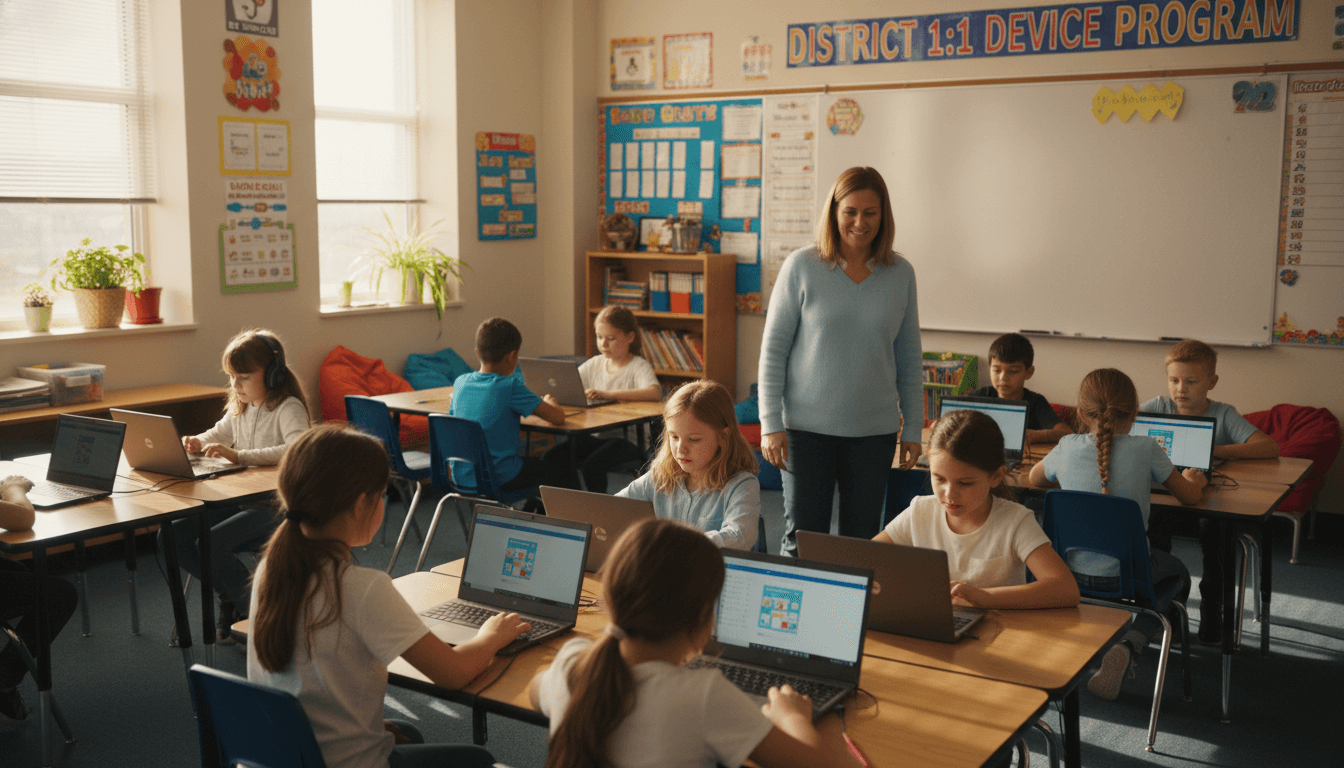 Elementary students working on Chromebooks in a bright classroom during a district 1:1 device program