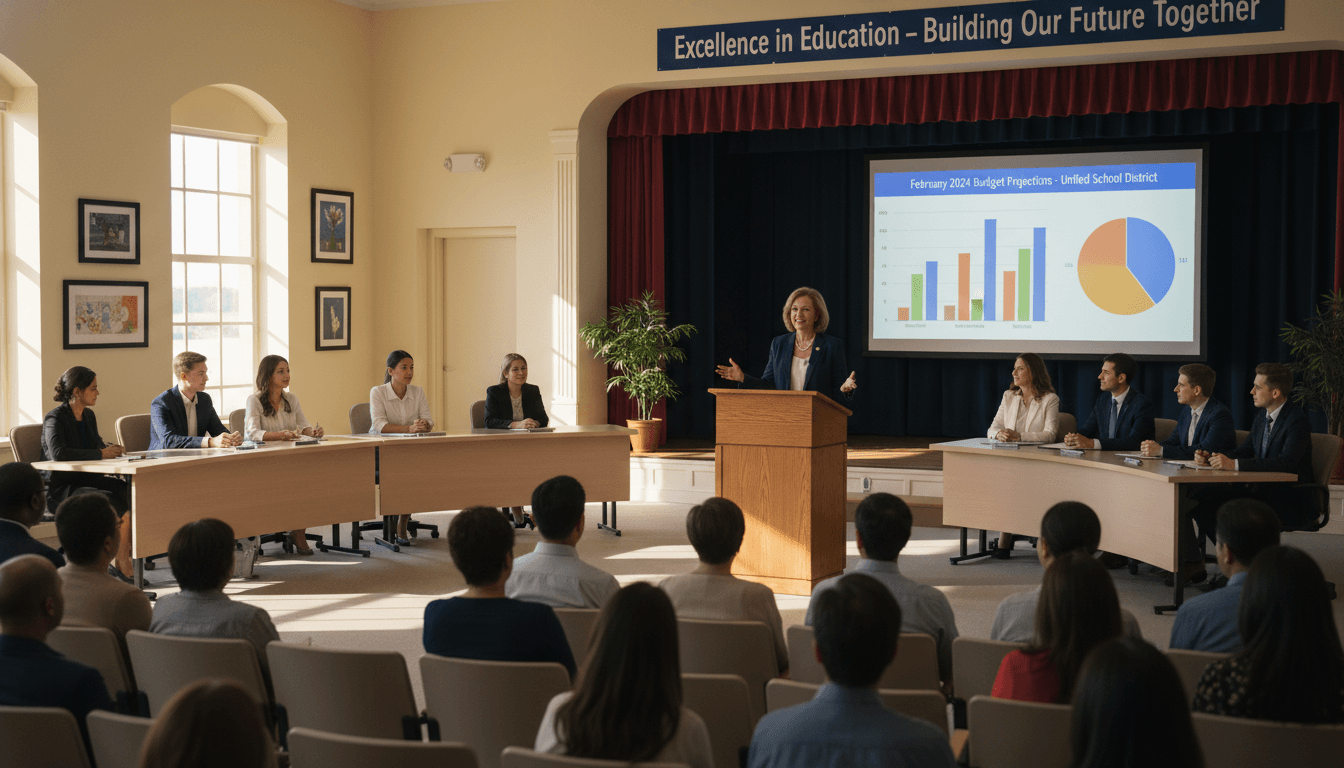 School district superintendent presenting February budget projections to a school board and community members
