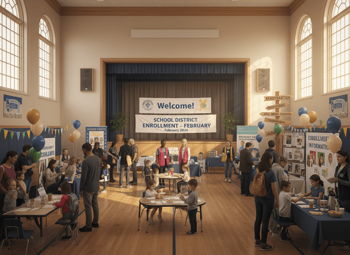 Families attending a school district enrollment information session in February