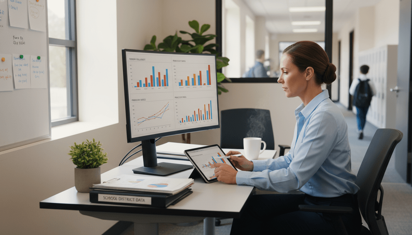 School district data coordinator reviewing February enrollment charts and projection models at a workstation