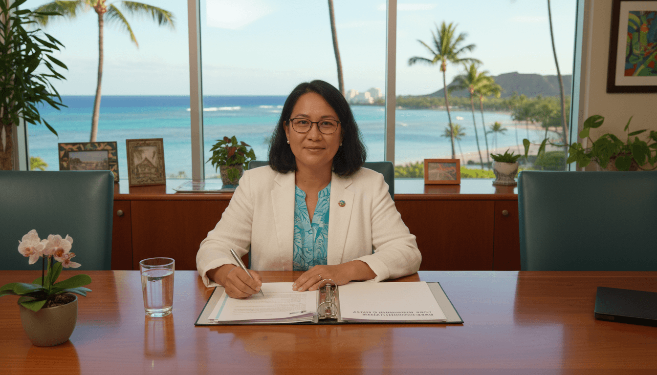 Hawaii school district administrator reviewing parent communication policy in Honolulu district office with ocean visible