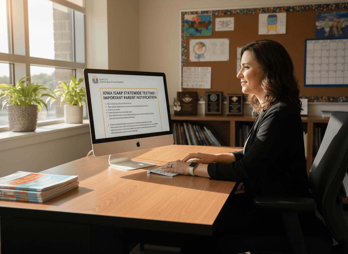 Iowa district communication director preparing ISASP testing parent notification on computer