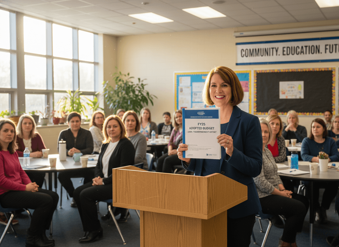 District superintendent presenting the adopted budget document to community members at a June transparency event