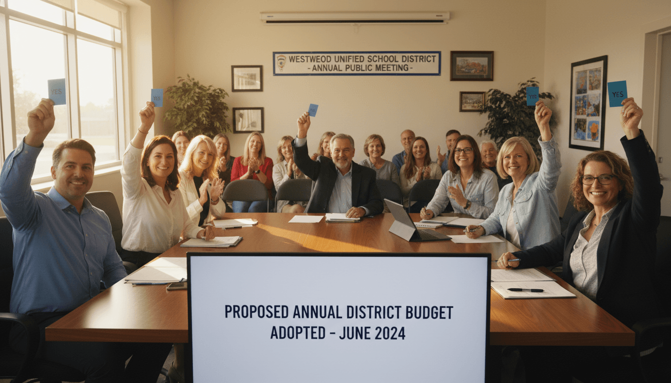 School board members voting to adopt the annual district budget at a June public meeting