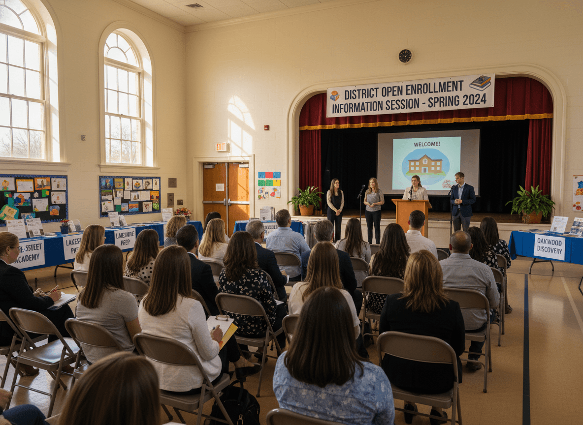 Parents attending a district open enrollment information session at an elementary school in late spring
