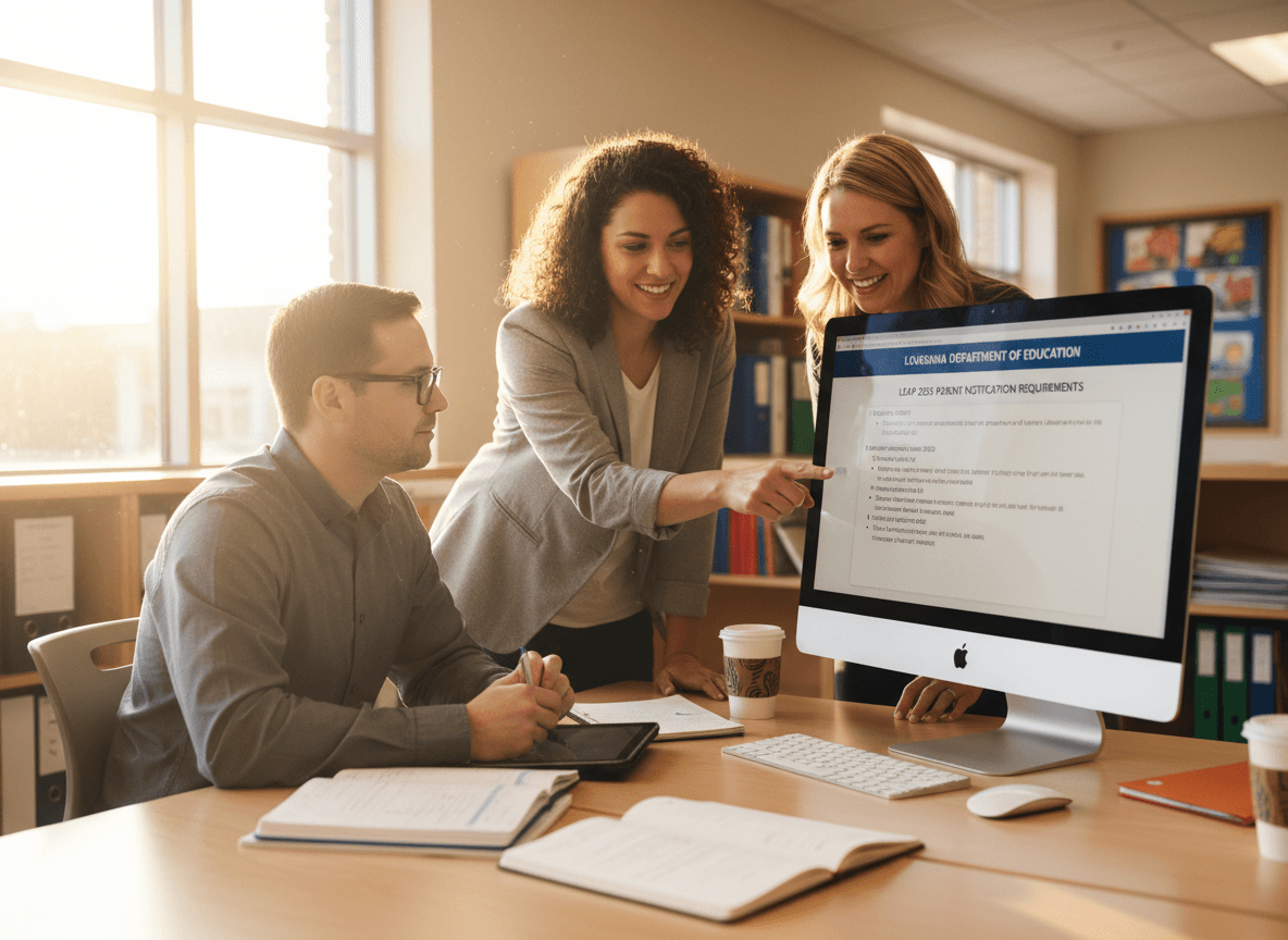 Louisiana district communication staff reviewing LEAP 2025 parent notification requirements on computer