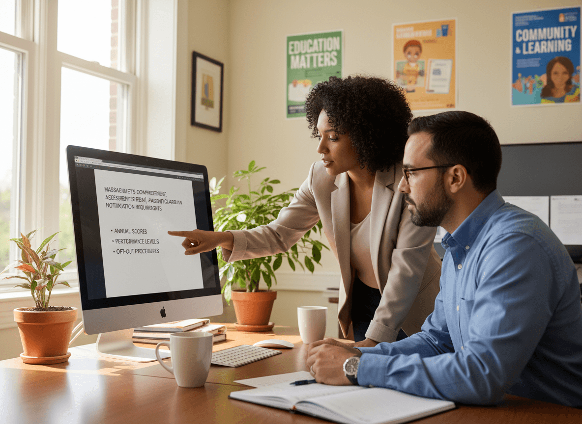 Massachusetts district communication staff reviewing MCAS parent notification requirements on computer