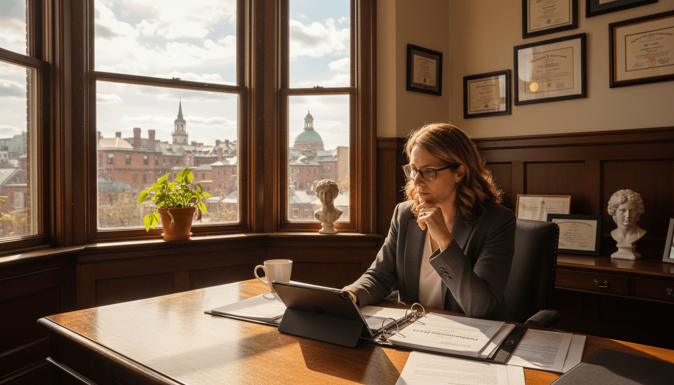 Massachusetts school district administrator reviewing parent communication policy in Boston district office with historic building view