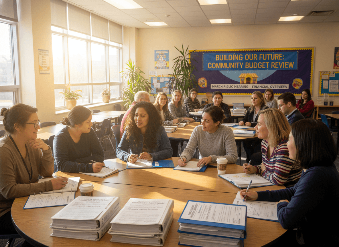 Community members reviewing school district proposed budget documents at a March public hearing