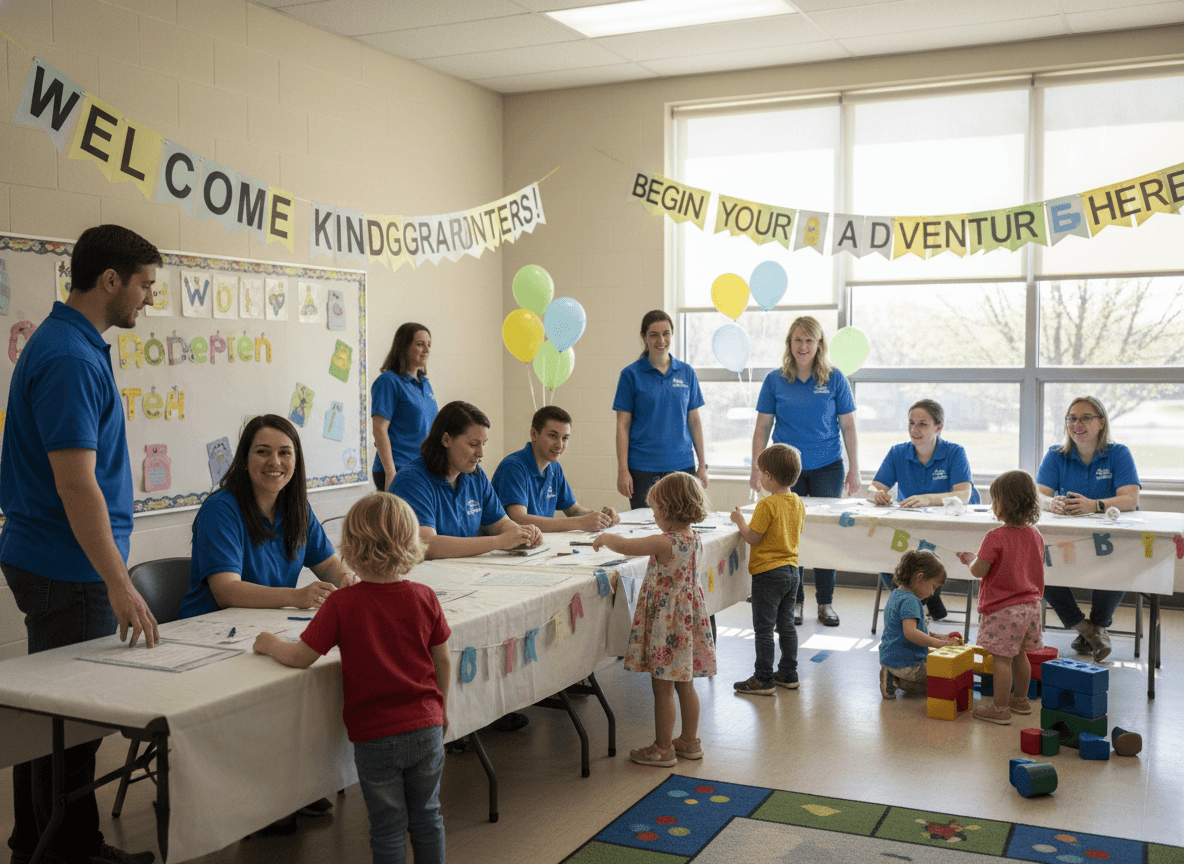 Parents and children at a kindergarten registration event at an elementary school in late spring