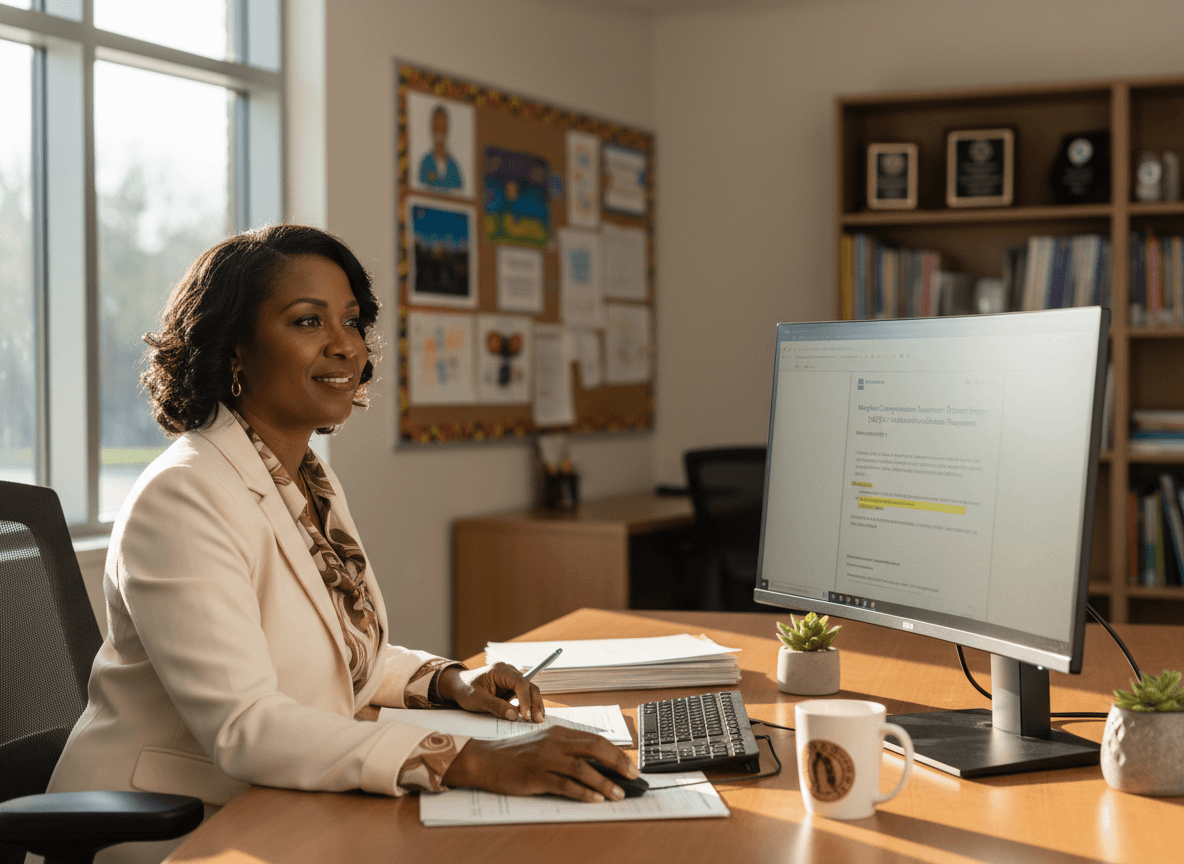 Maryland district communication director reviewing MCAP parent notification requirements on computer