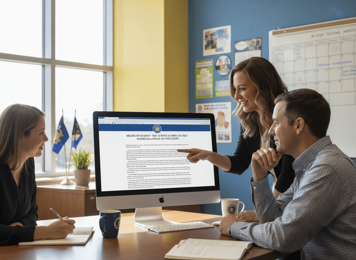 Michigan district communication staff reviewing M-STEP testing parent notification on computer