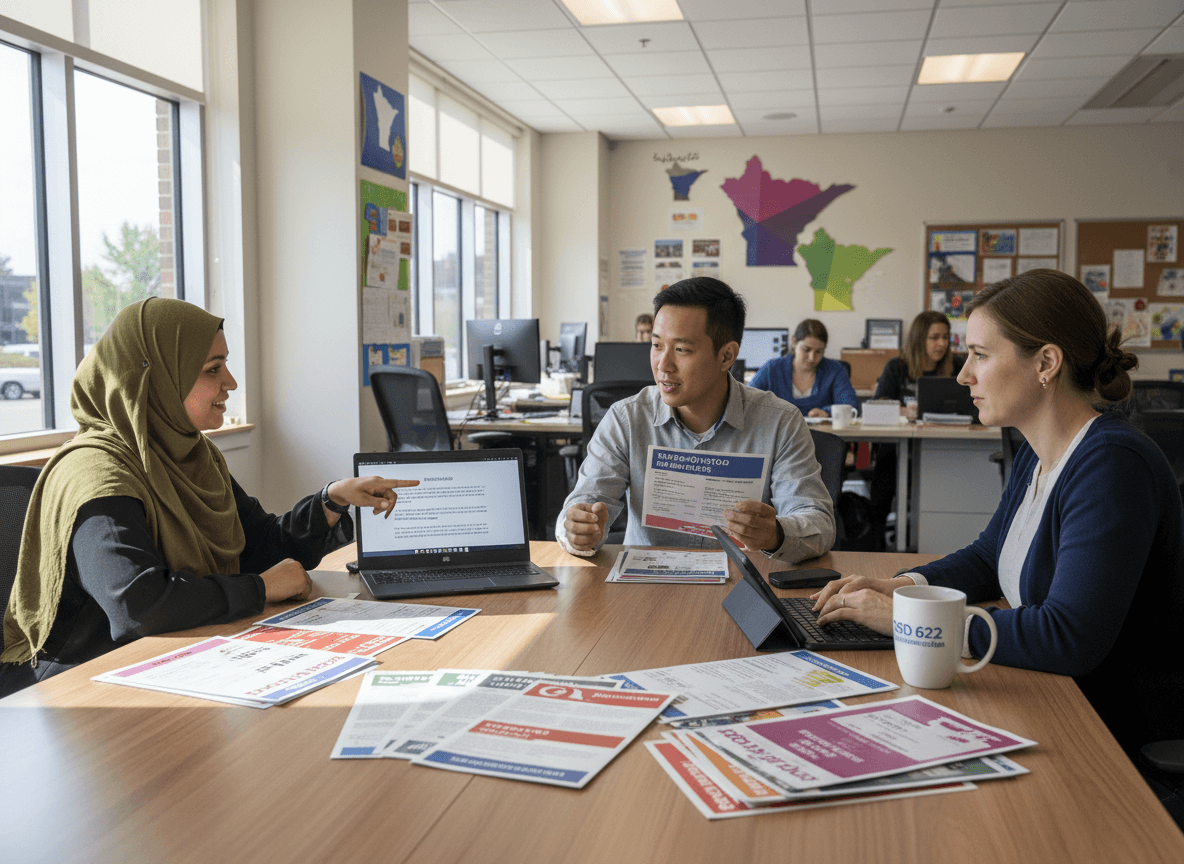 Minnesota district communication staff preparing multilingual parent notification for diverse school community