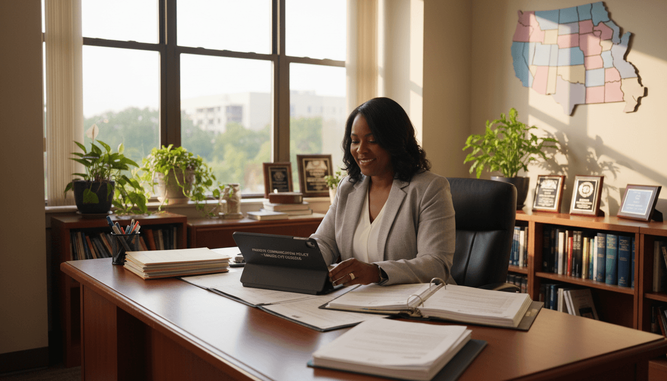 Missouri school district administrator reviewing parent communication policy in Kansas City district office