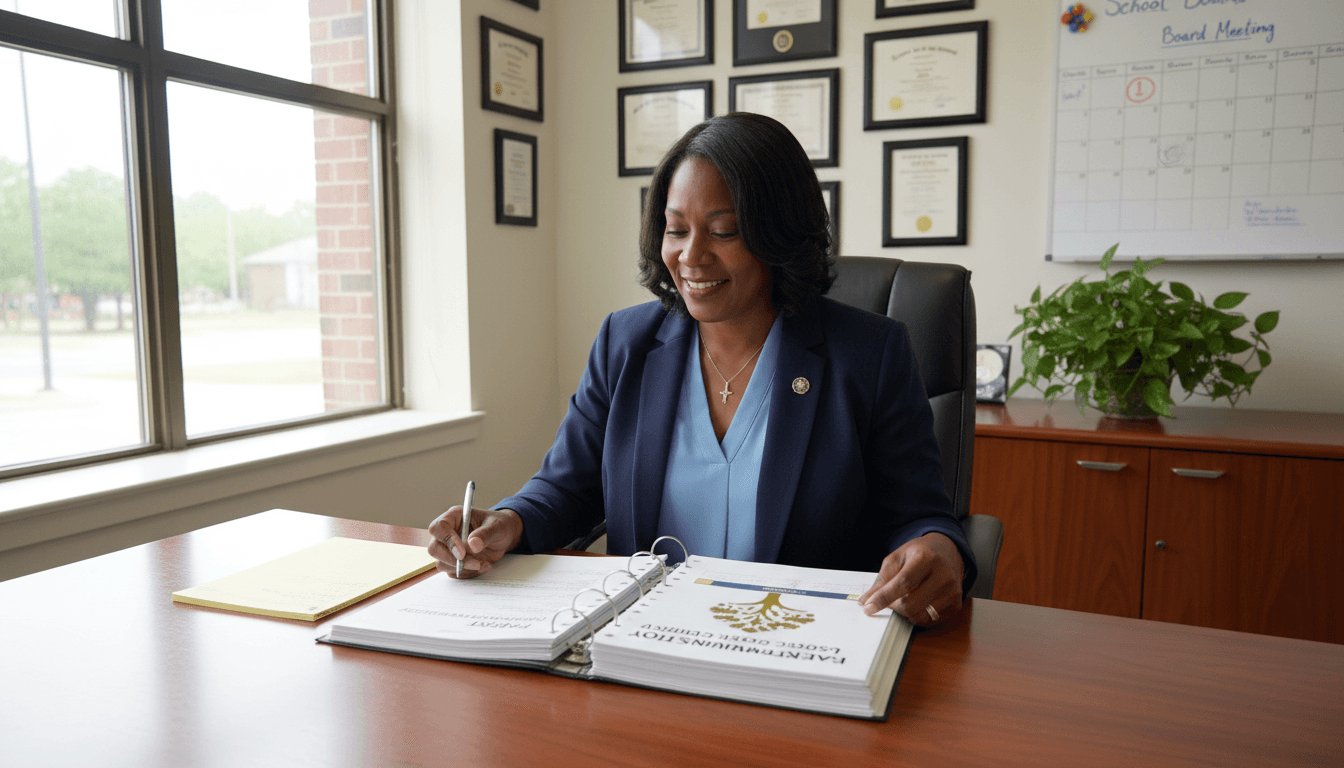 Mississippi school district administrator reviewing parent communication policy binder in Jackson district office